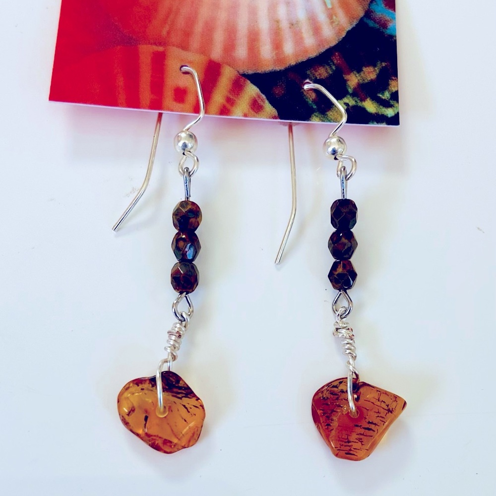 Vintage Latvian amber earrings with Tiger Eye & silver accents